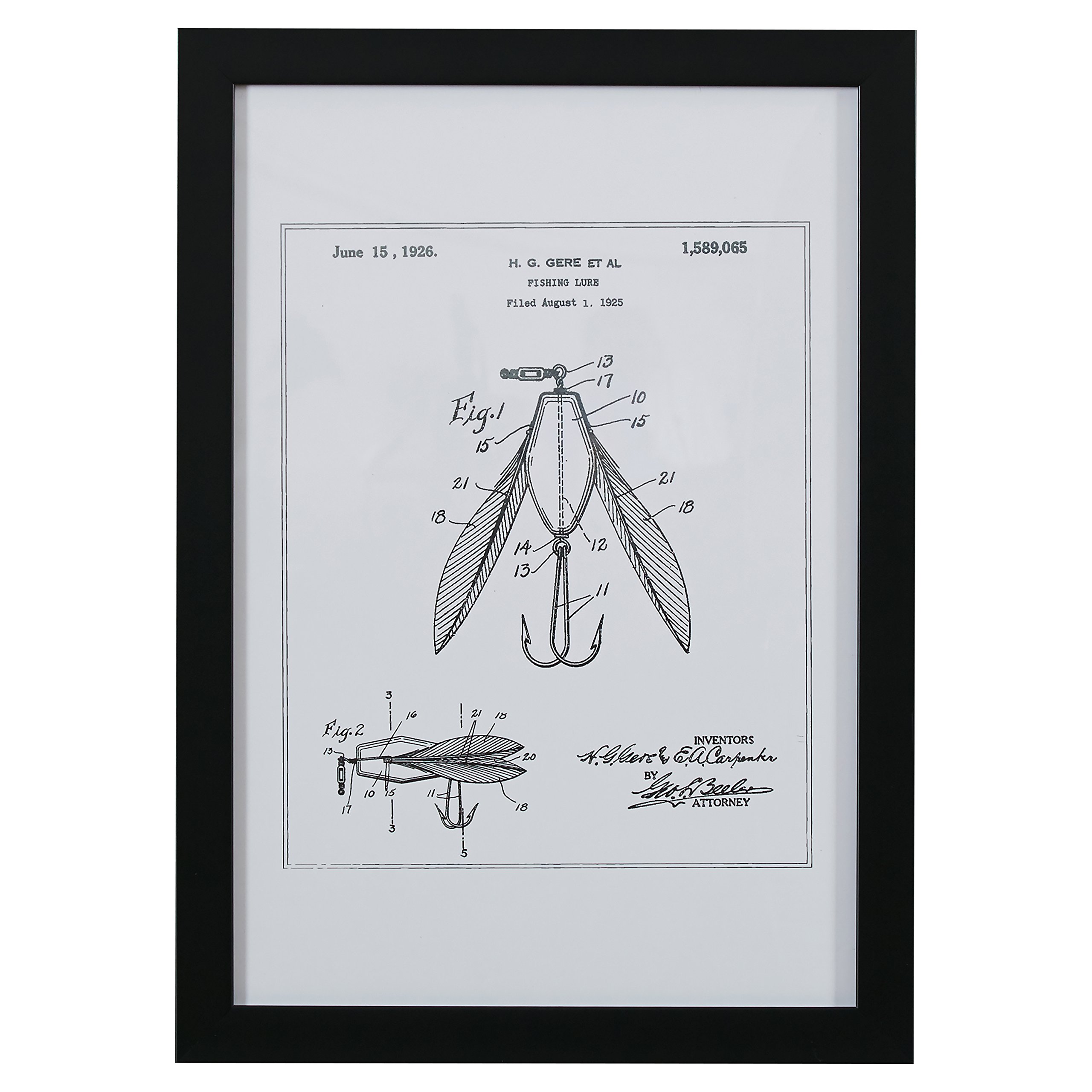 Amazon Brand – Stone & Beam Modern Silver Ink Reprint of Fishing Lure Patent Wall Art, Black Frame, 15" x 21"