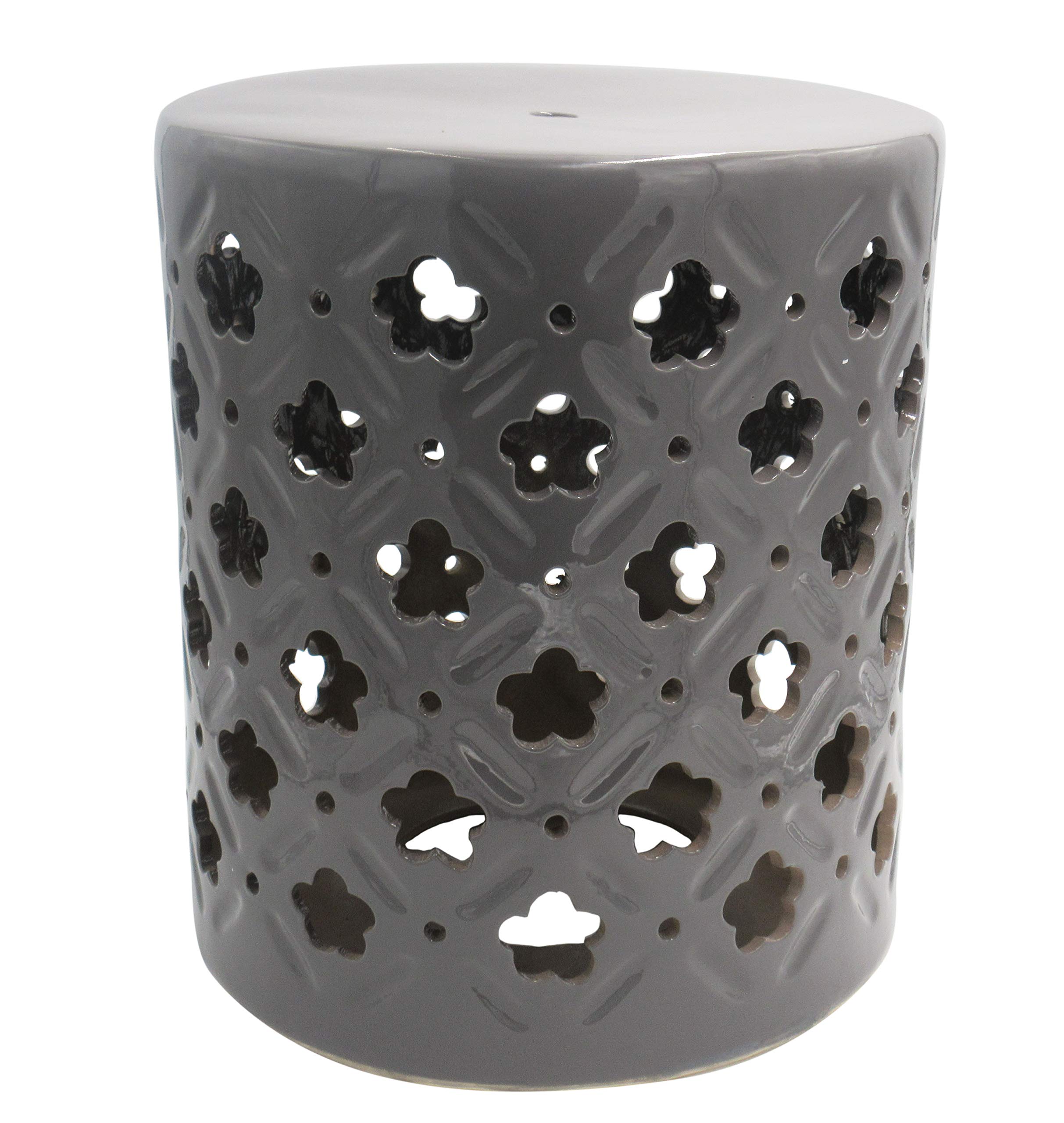 Amazon Brand – Ravenna Home Clover-Pattern Ceramic Garden Stool or Side Table, 16"H, Grey