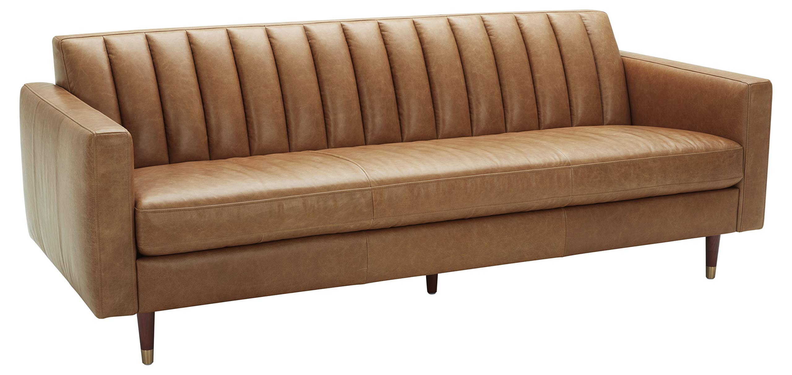Amazon Brand – Rivet Damien Mid-Century Modern Channel-Backed Sofa, 87"W, Leather, Cognac