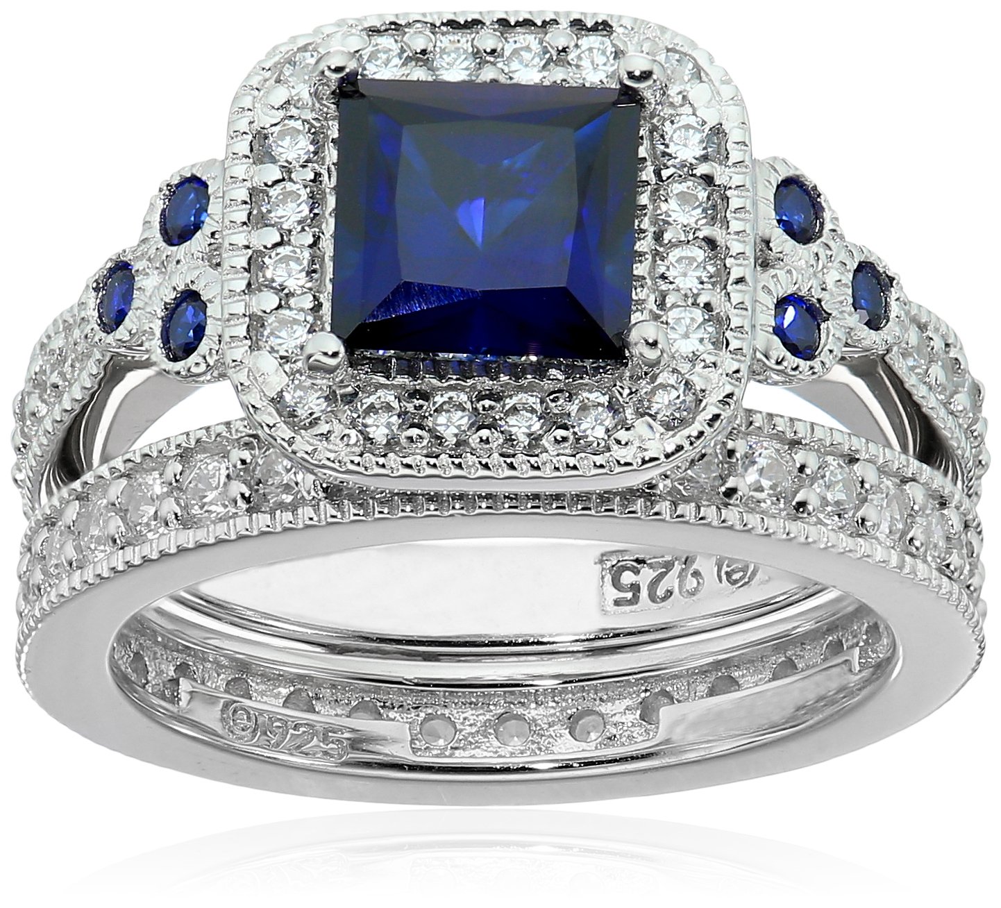 Platinum-Plated Sterling Silver Princess-Cut Created Sapphire Vintage Ring Set made with Swarovski Zirconia, Size 5