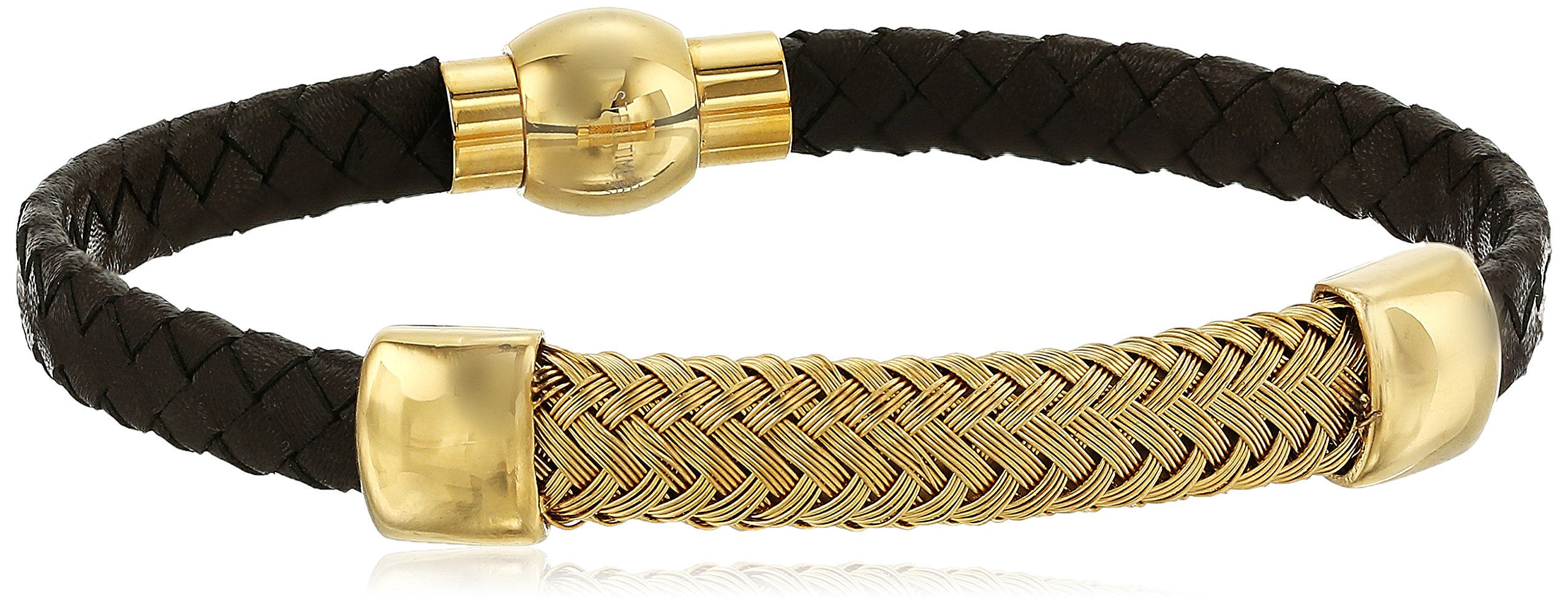 Men's Brown Genuine Leather Braided with Stainless Steel Wire Accent Bracelet, 8.5"x 0.3"