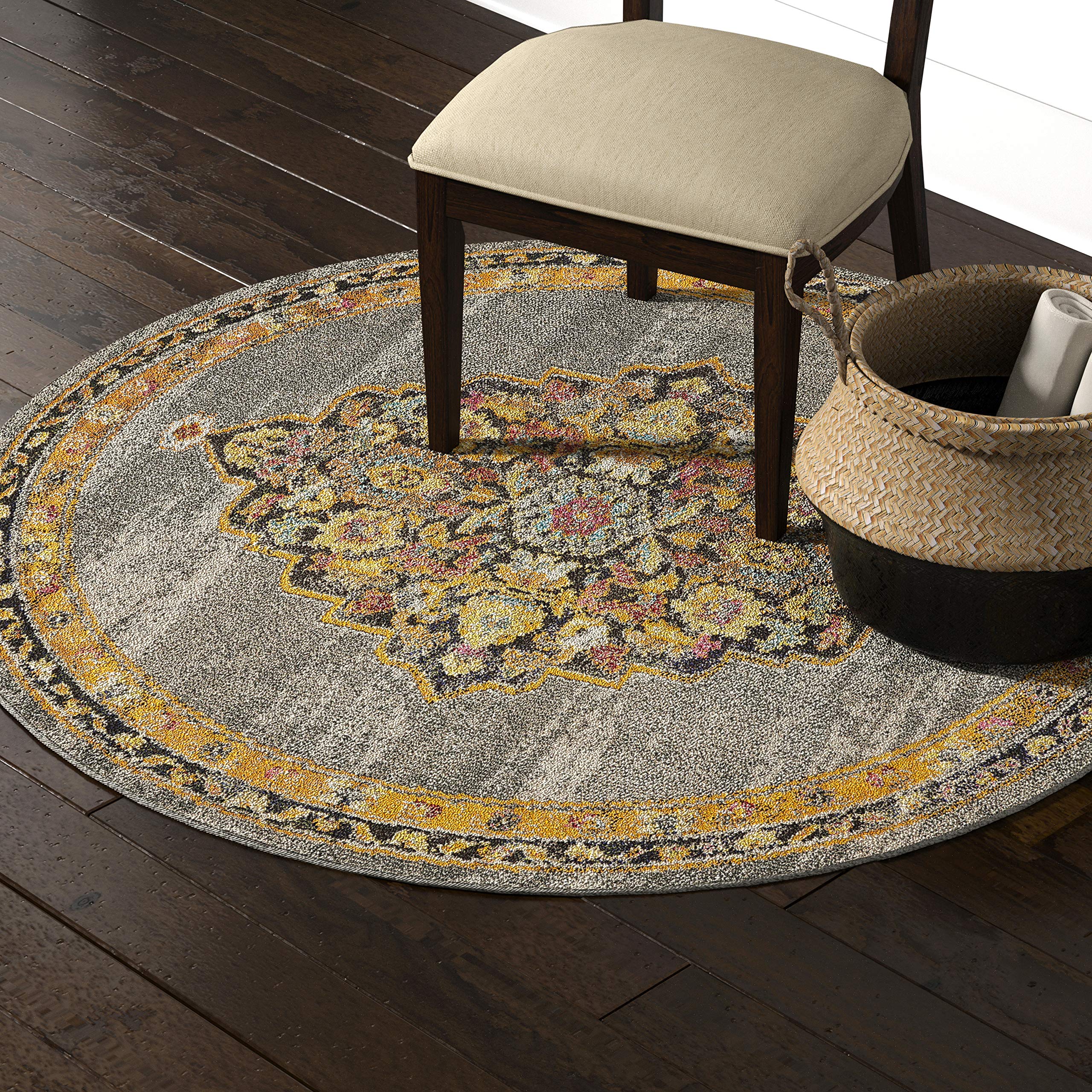 Stone & Beam Polypropylene Round Rug, 5'3" x 5'3", Gray, Orange, Multicolor