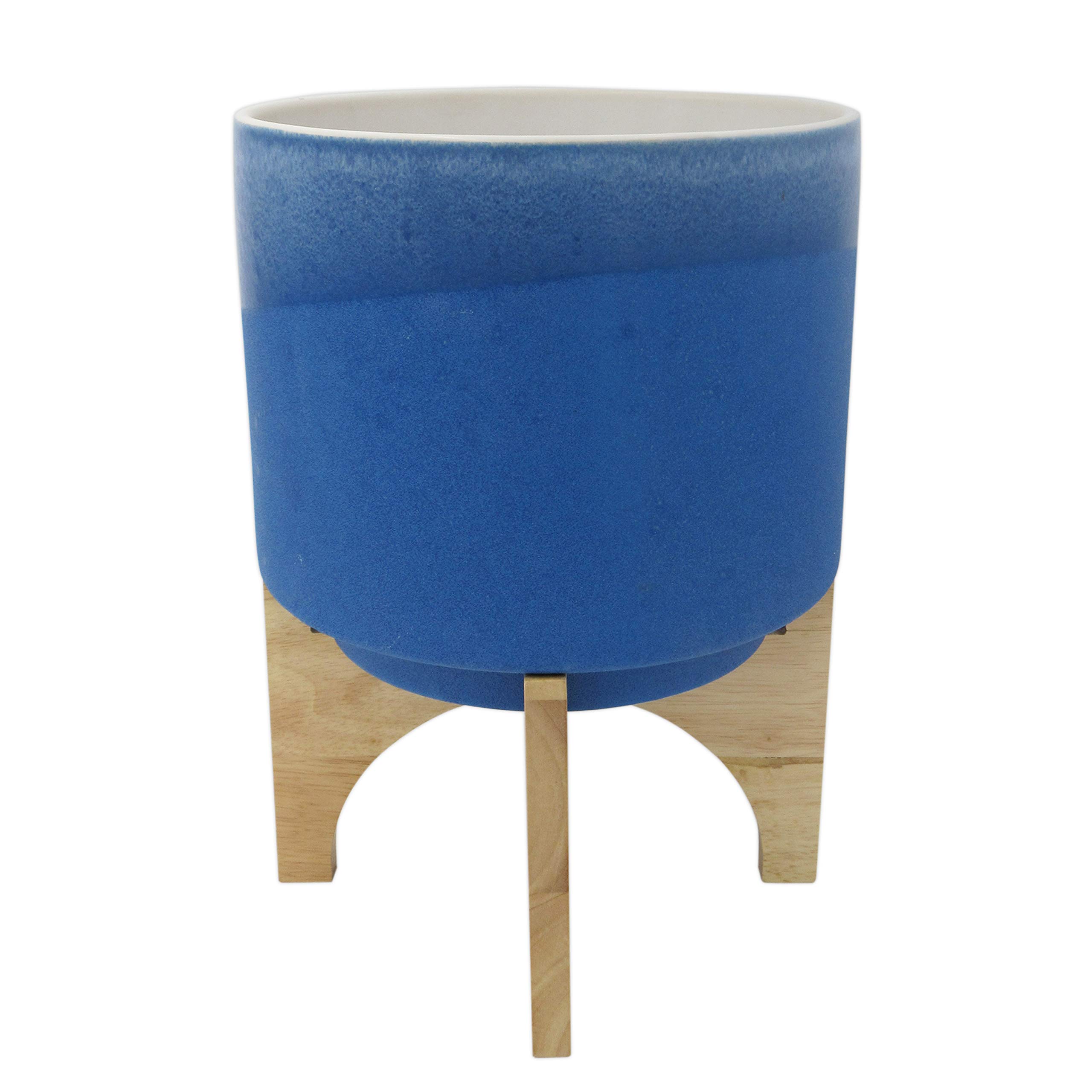 Amazon Brand – Rivet Mid-Century Stoneware Planter with Wood Stand, 13.98"H, Royal Blue