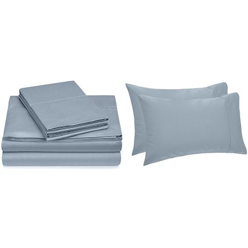 Pinzon Hemstitch 400TC Egyptian Cotton Sateen Sheet Set, King, with Set of 2 King Pillowcases, Dusty Blue