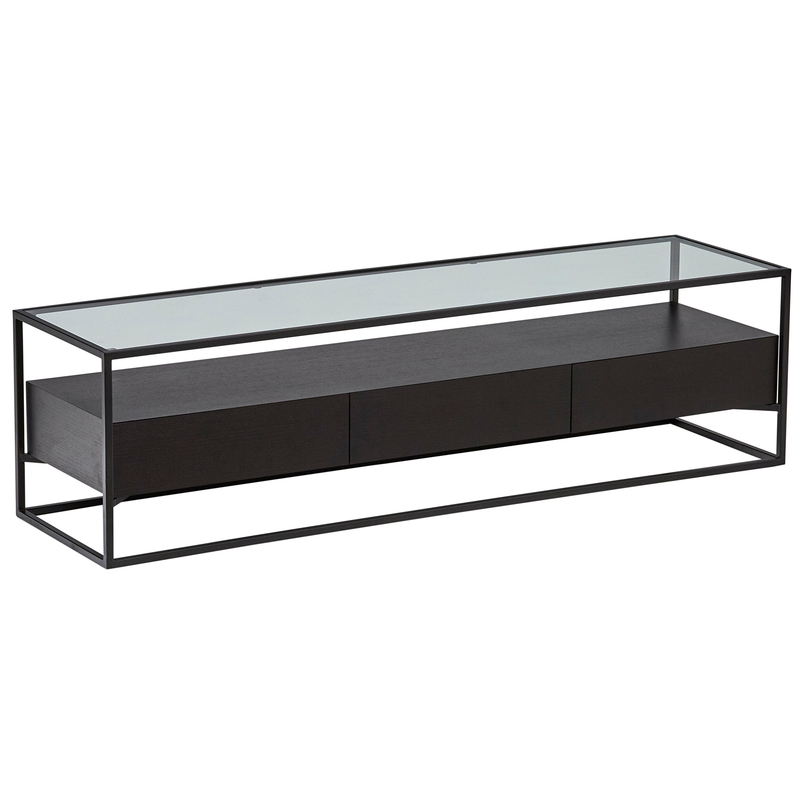 Amazon Brand – Rivet King Street Industrial TV Media Console Table with Three Drawers, Black Metal and Wood, Glass