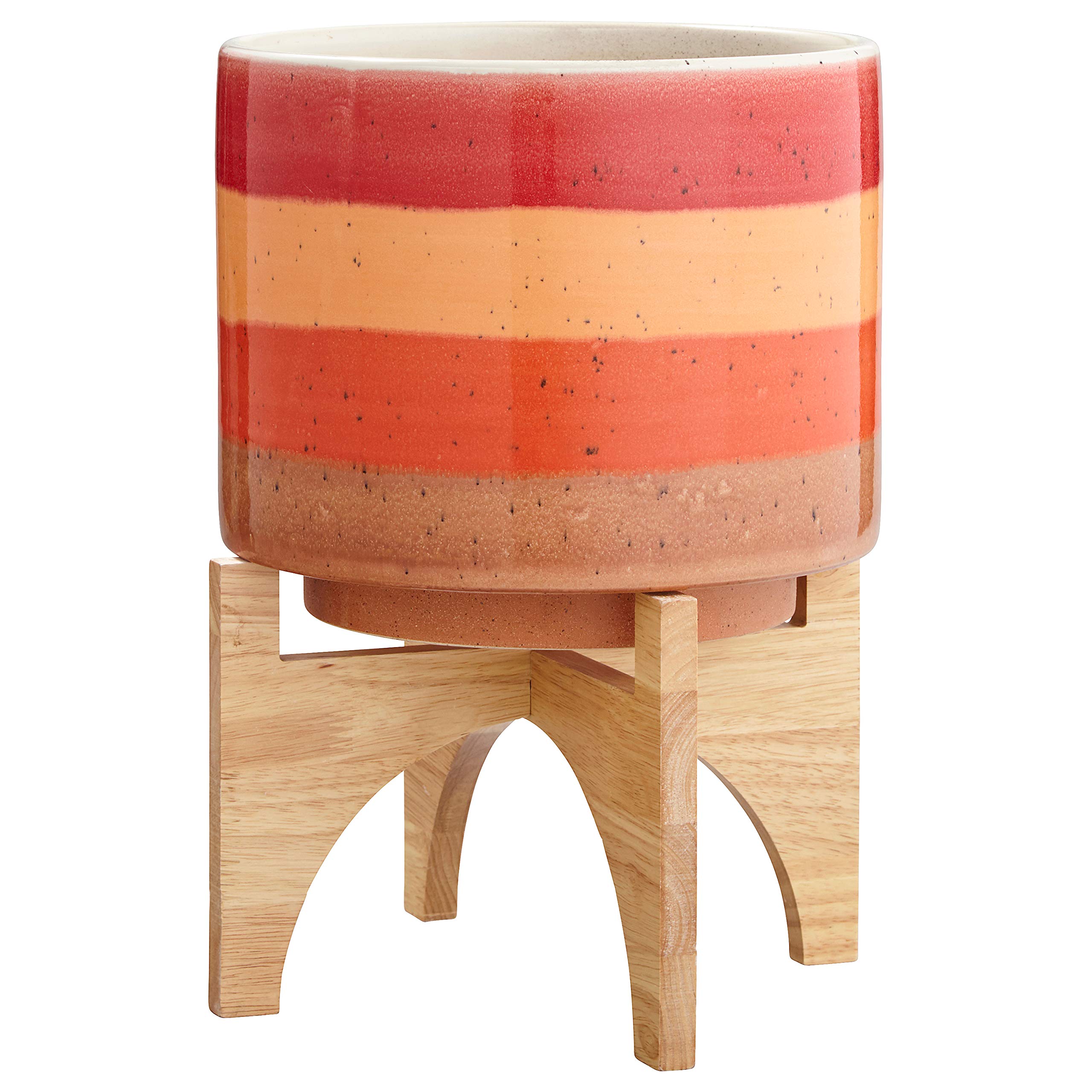 Amazon Brand – Rivet Mid-Century Modern Ceramic and Bamboo Planter Flower Pot with Stand,14.5"H, Red and Orange