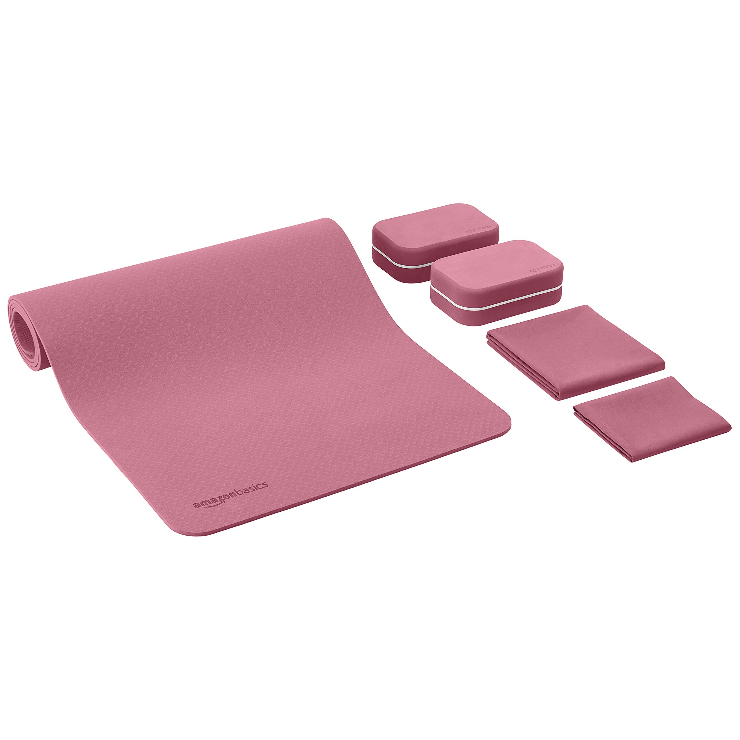 AmazonBasics 1/4-Inch Thick TPE Yoga Mat 6 Piece Set, Burgundy
