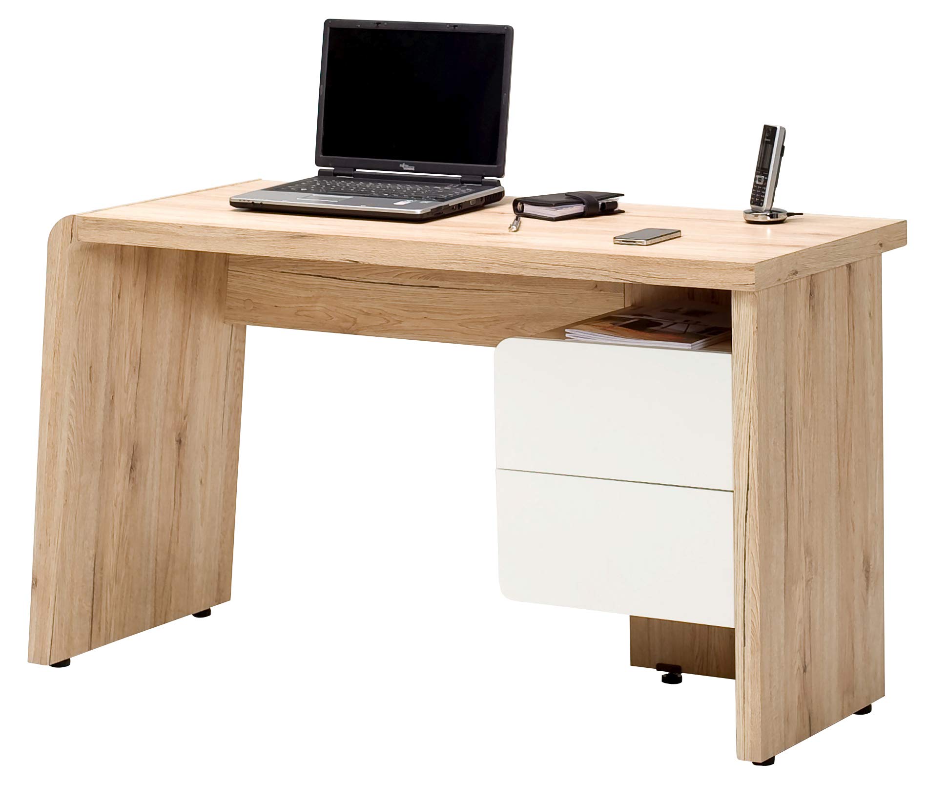 Marca Amazon - Movian Maggiore - Escritorio con 2 cajones, 130 x 50 x 75 cm, blanco y efecto de roble San Remo