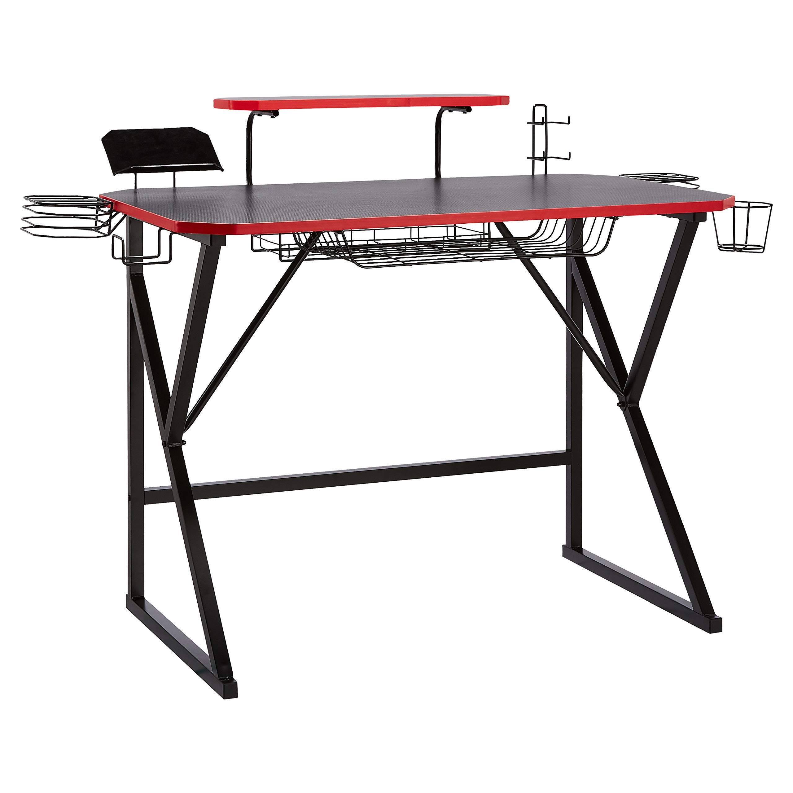AmazonBasics Gaming Computer Desk with Storage for Controller, Headphone & Speaker - Red