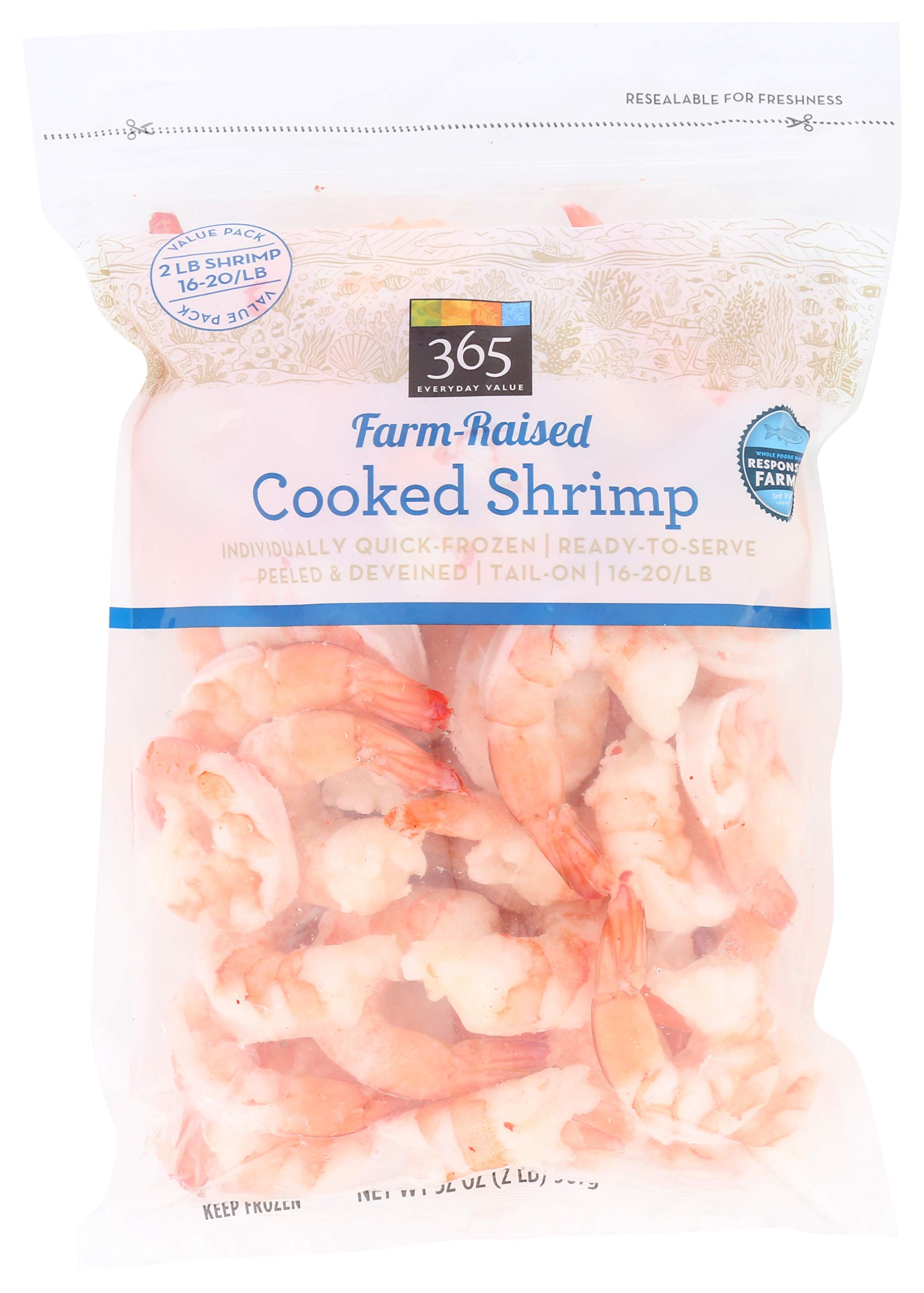365 Everyday Value, Farm-Raised Seafood Value Pack, Cooked Shrimp, Tail-On - Peeled & Deveined (16-20/lb), 32 Ounce (Frozen)