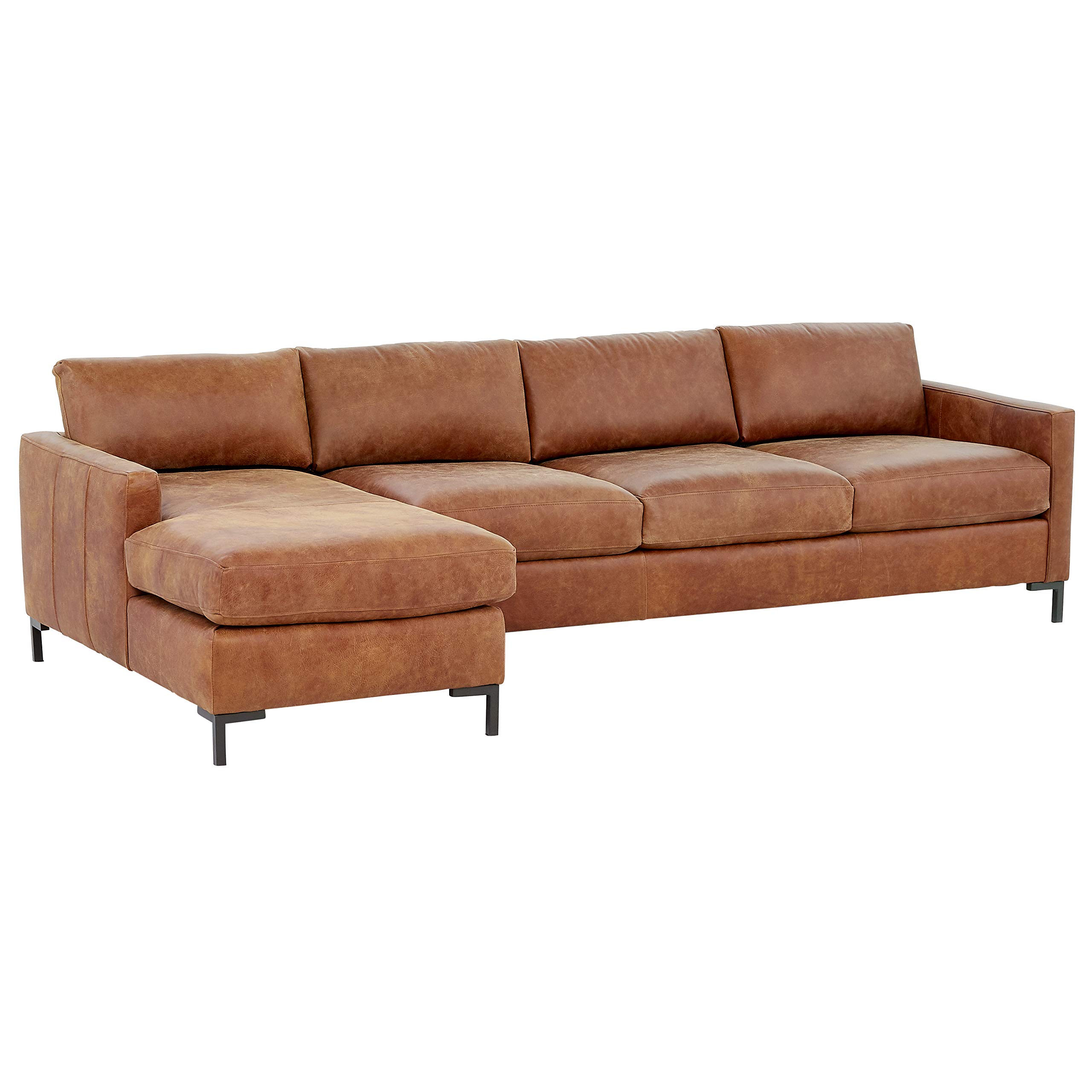 Amazon Brand – Rivet Edgewest Modern Left-Facing Sofa Chaise Sectional, Leather, 115"W, Saddle