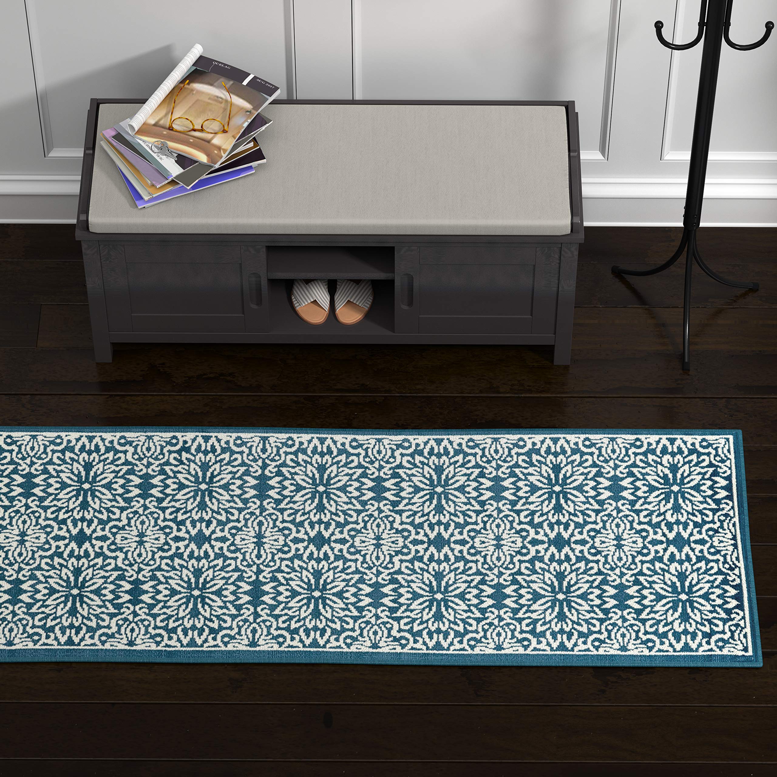 Ravenna Home Floral Medallion Tiled Rug, 2'3" x 7'3", Cerulean Blue with Ivory