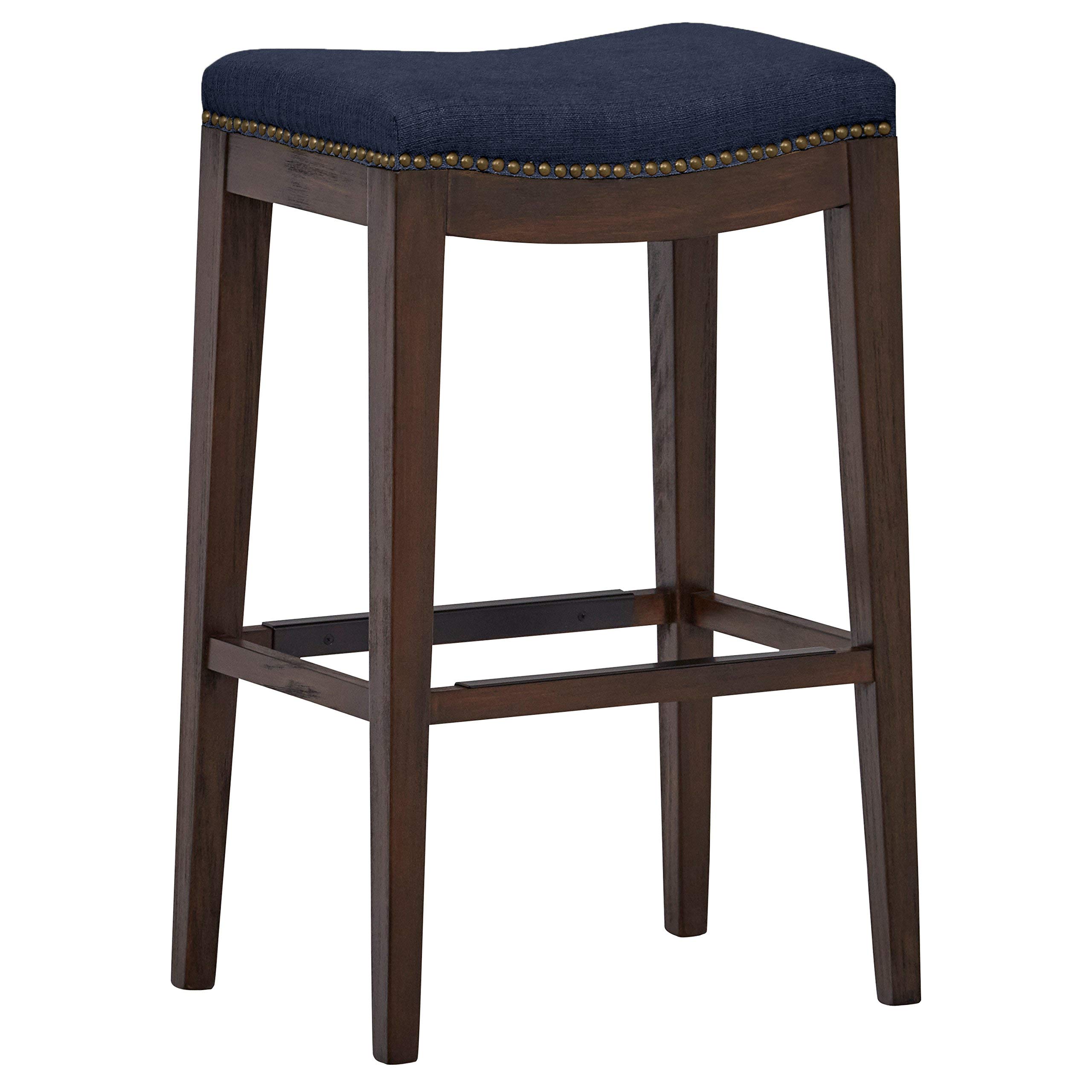 Amazon Brand – Stone & Beam Elden Nailhead-Trim Saddle Kitchen Counter Backless Bar Stool, 30"H, Blue