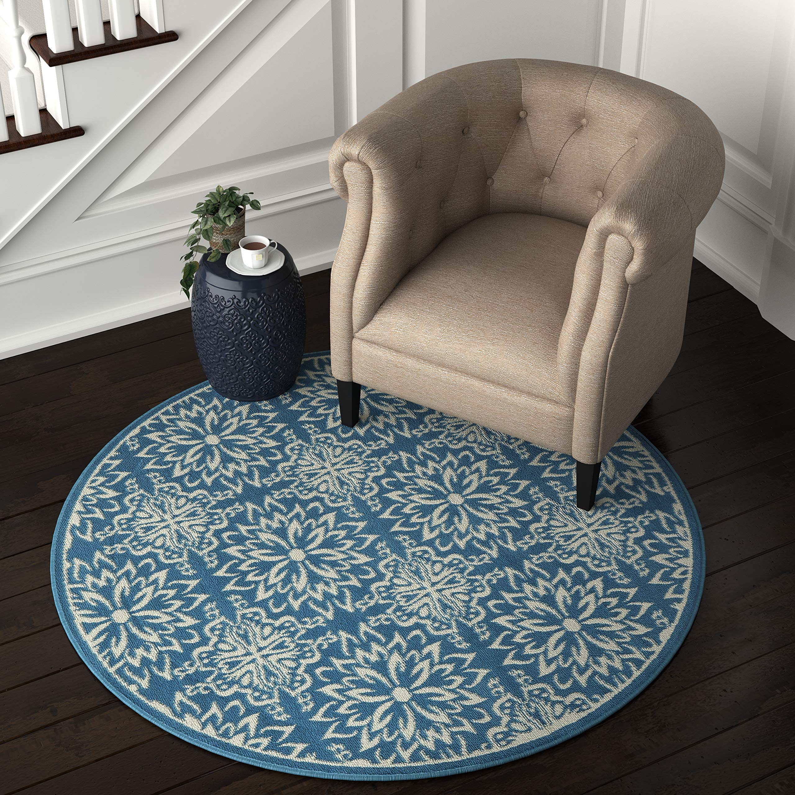Ravenna Home Floral Medallion Tiled Rug, 5'3" Round, Cerulean Blue with Ivory