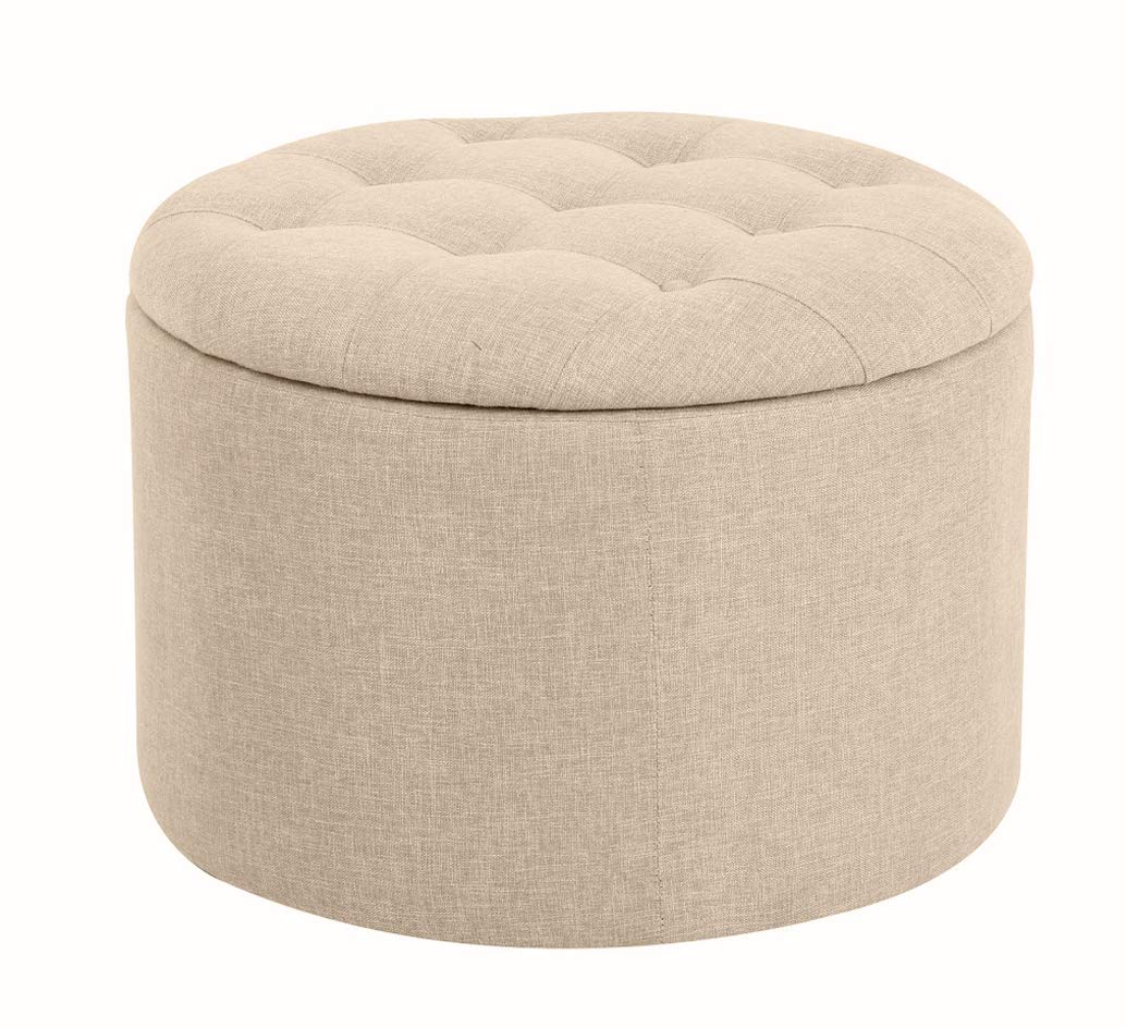 Amazon Brand – Ravenna Home Justin Round Tufted Storage Pouf Ottoman Bench, 24"W, Beige