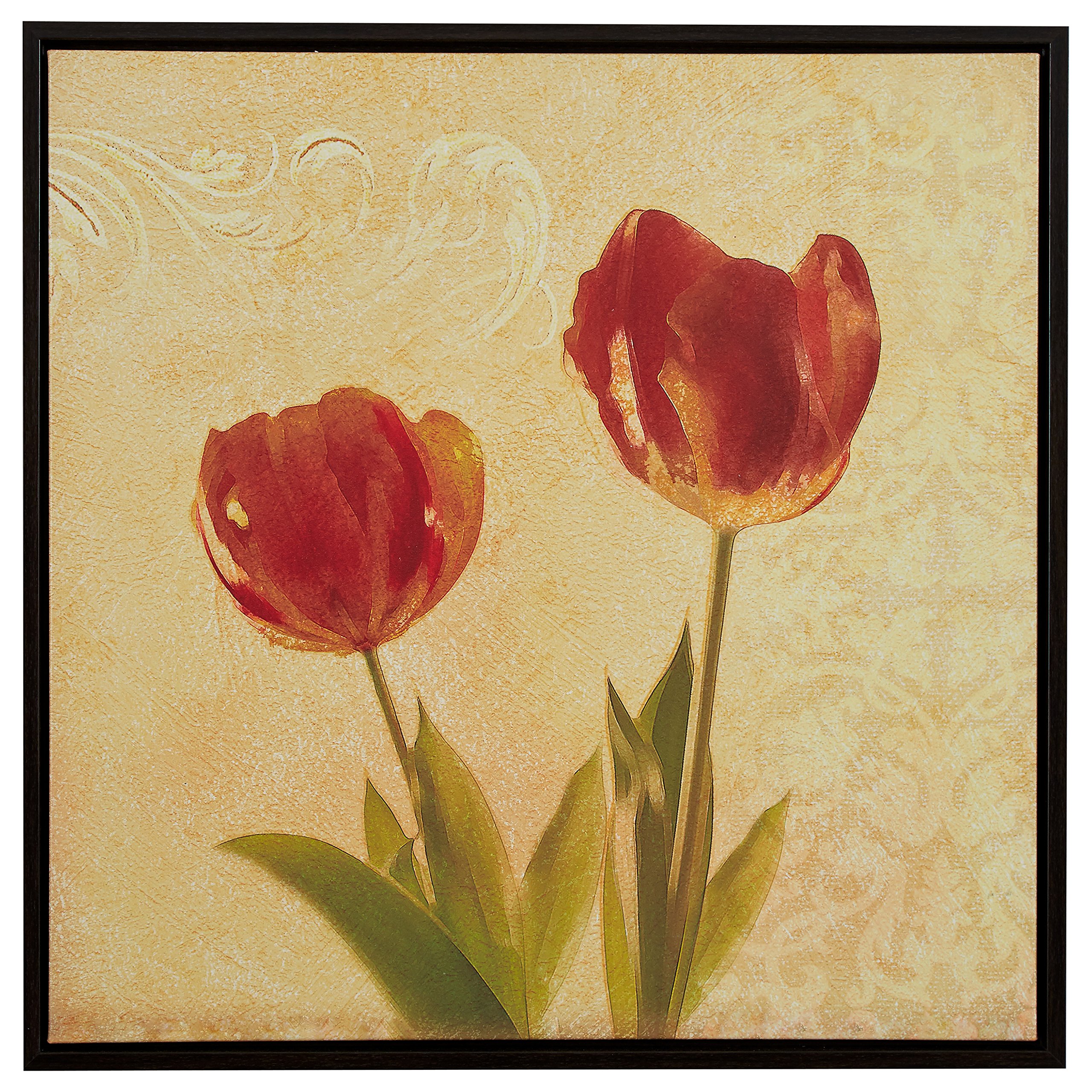 Amazon Brand – Stone & Beam Modern Red and Gold Tulip Print on Canvas, Brown Frame, 31.75" x 31.75"