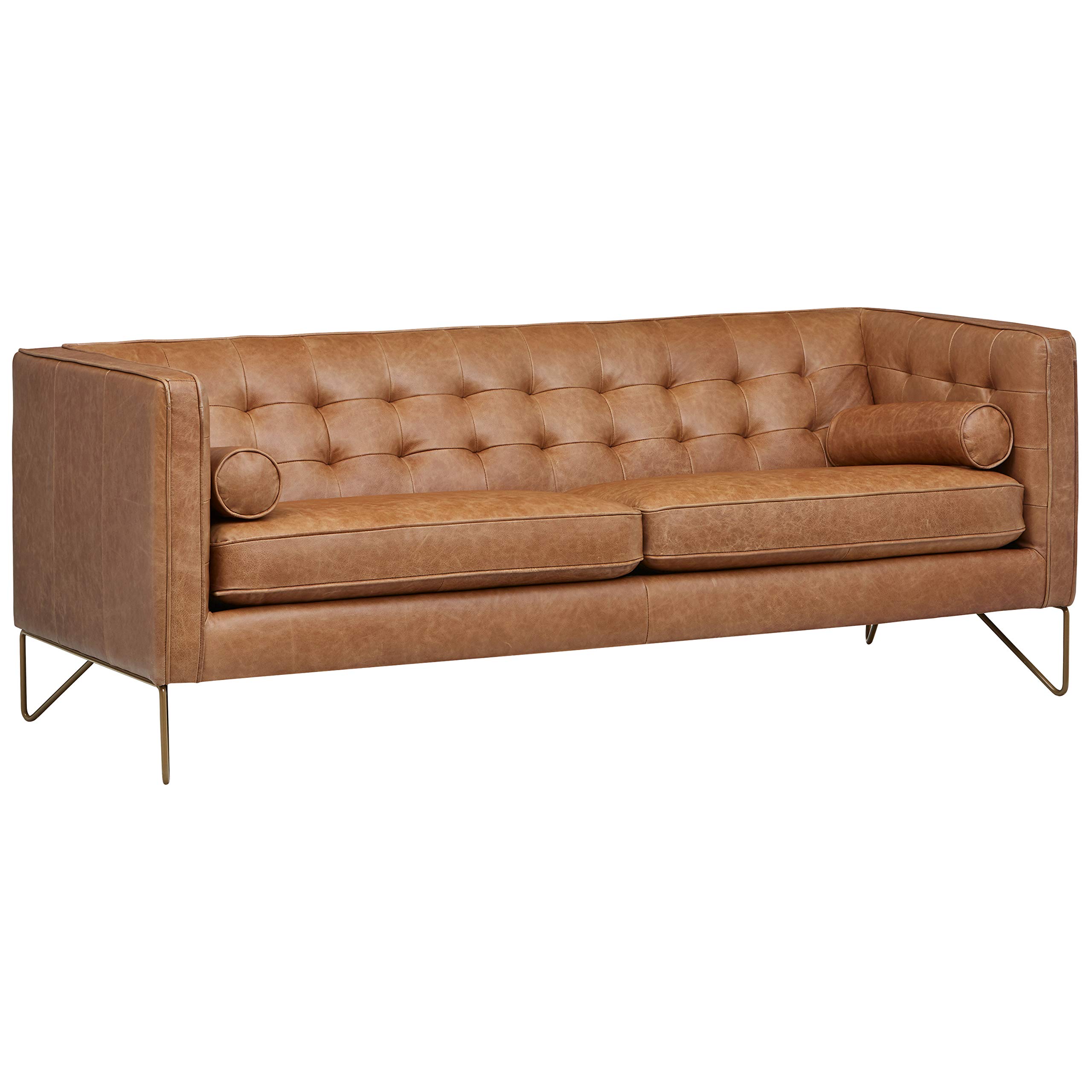 Amazon Brand – Rivet Brooke Contemporary Mid-Century Modern Tufted Leather Sofa Couch, 82"W, Cognac