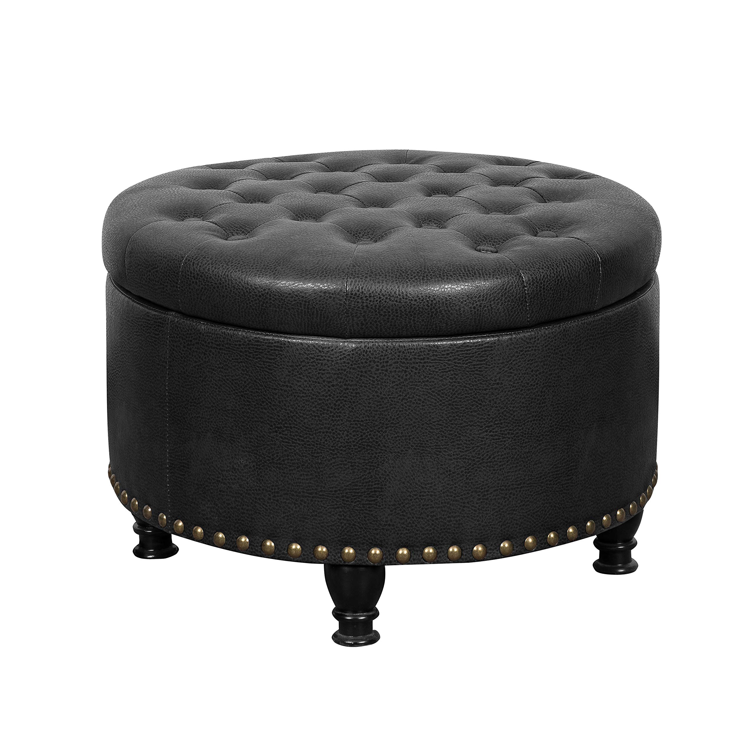 Amazon Brand – Ravenna Home Vegan Leather Classic Tufted Storage Ottoman - 24 Inch, Black