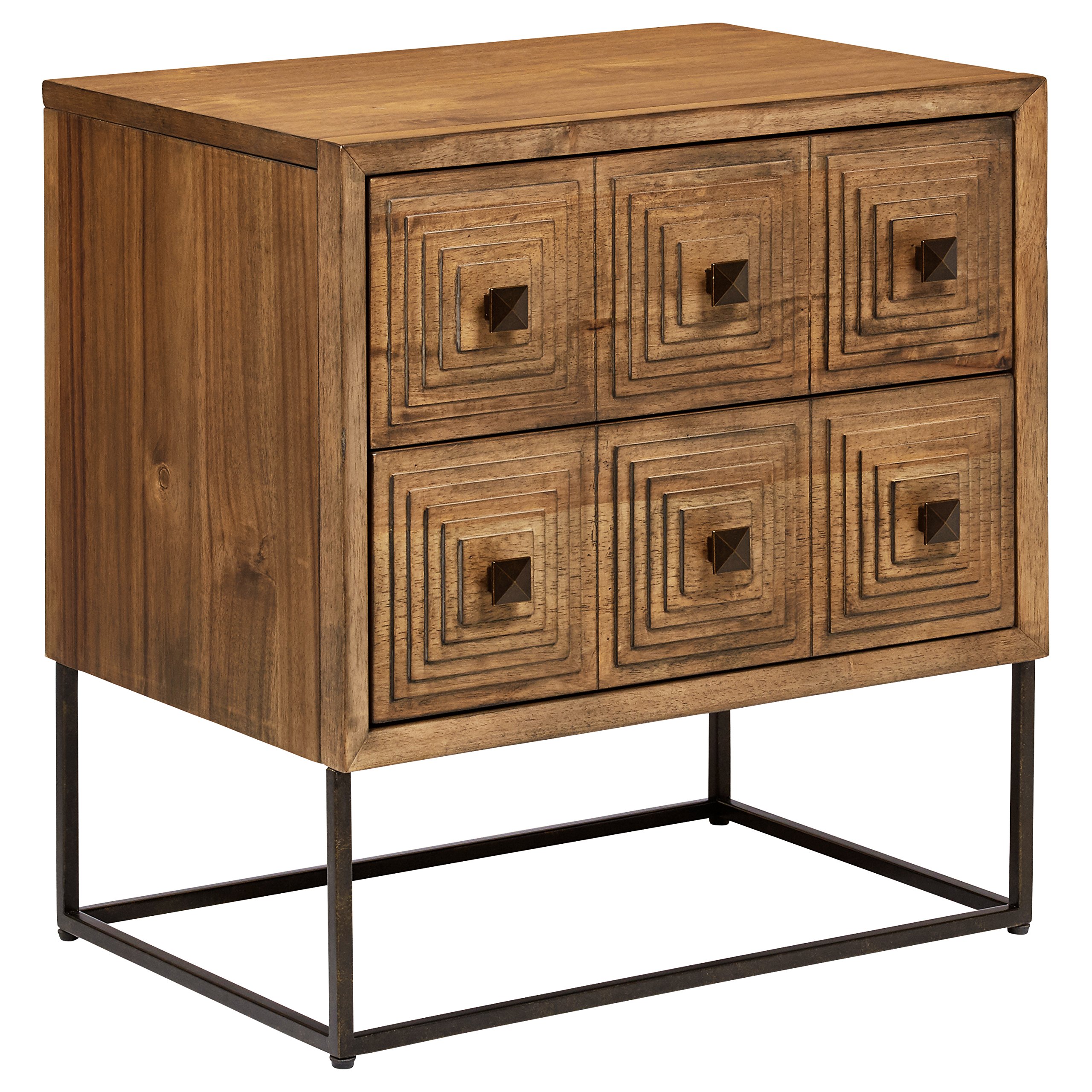 Amazon Brand – Rivet Mid-Century Modern Industrial Geometric Carved Wood Bedroom Nightstand, 24", Brown, Black Metal