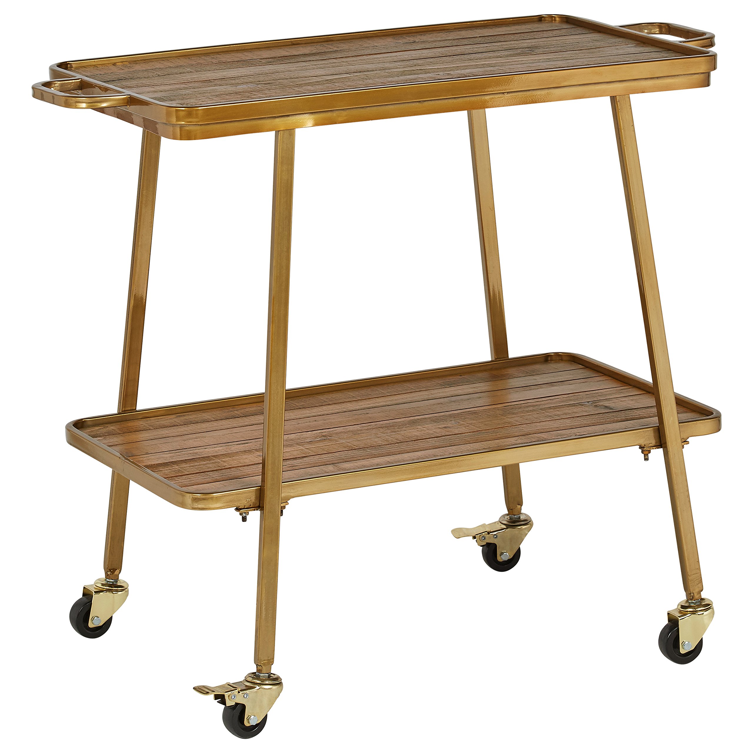Amazon Brand – Rivet 2-Tiered Modern Kitchen Rolling Bar Cart with Wheels, 32.3"W, Natural, Gold