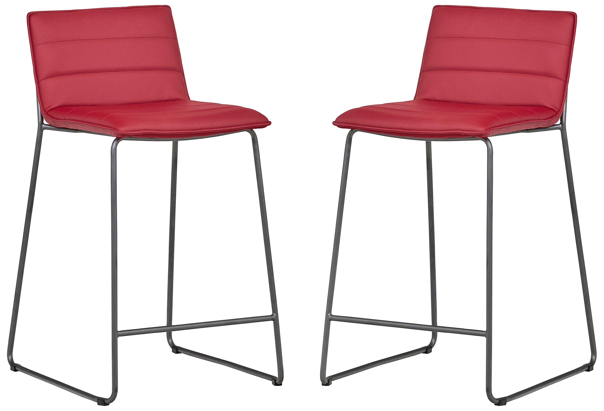 Amazon Brand – Rivet Julian Minimalist Modern Tufted Dining Room Counter Height Bar Stools, Set of 2, 34.3 Inch Height, Synthetic Leather, Red