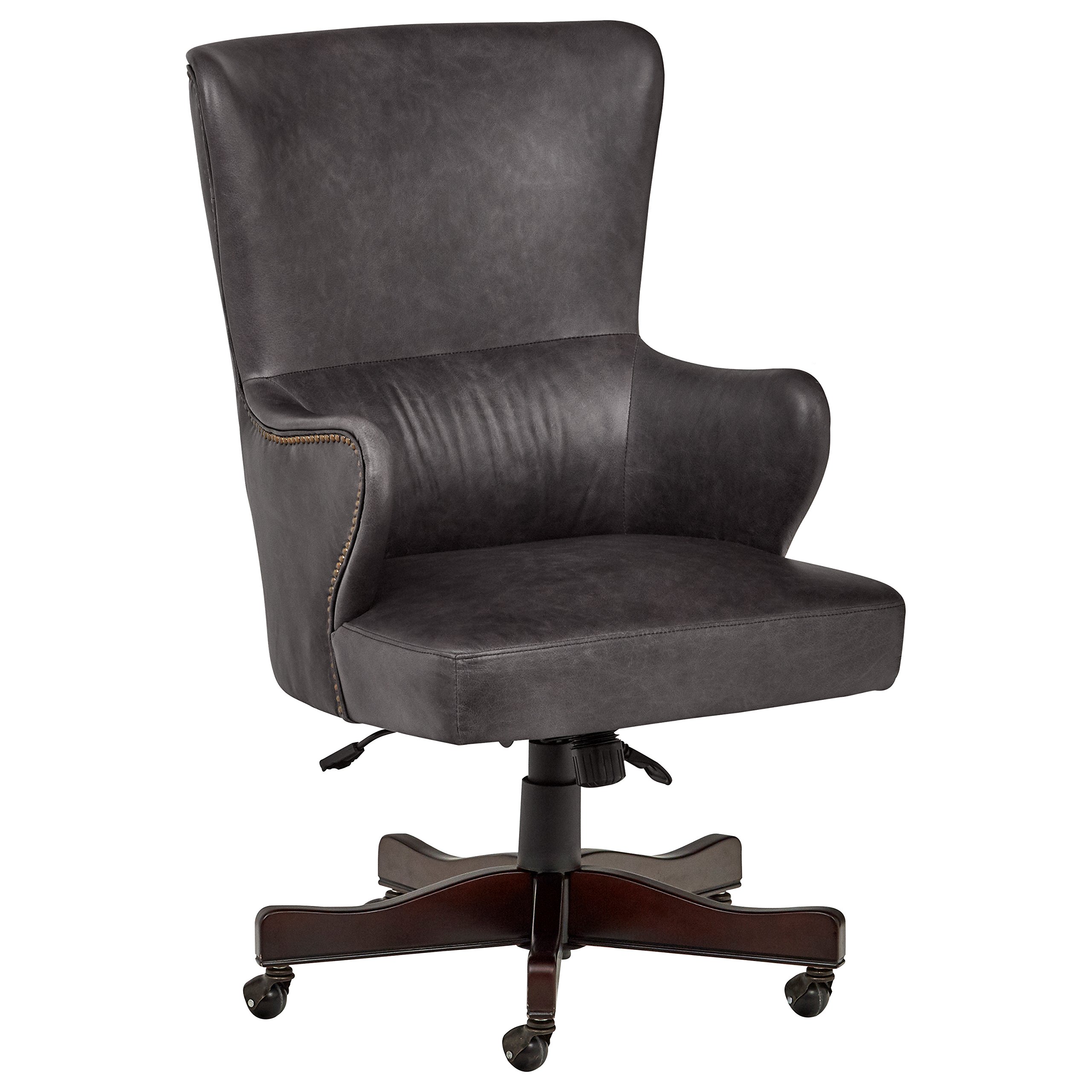 Amazon Brand – Stone & Beam Benton Leather Swivel Office Chair with Wheels, 28.4"W, Black