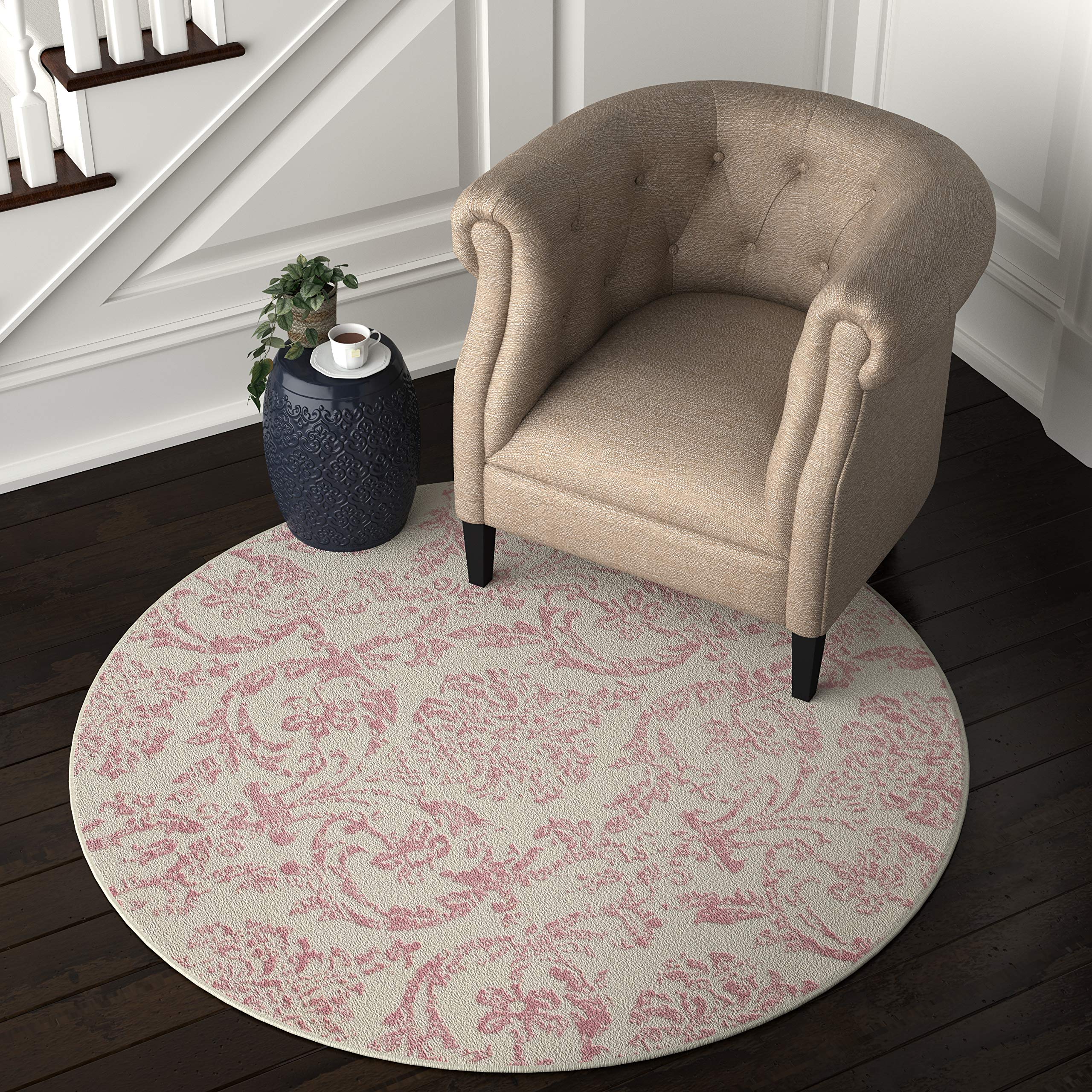 Ravenna Home Round Vintage Damask Patterned Rug, 5'3" Round, Pink on Ivory