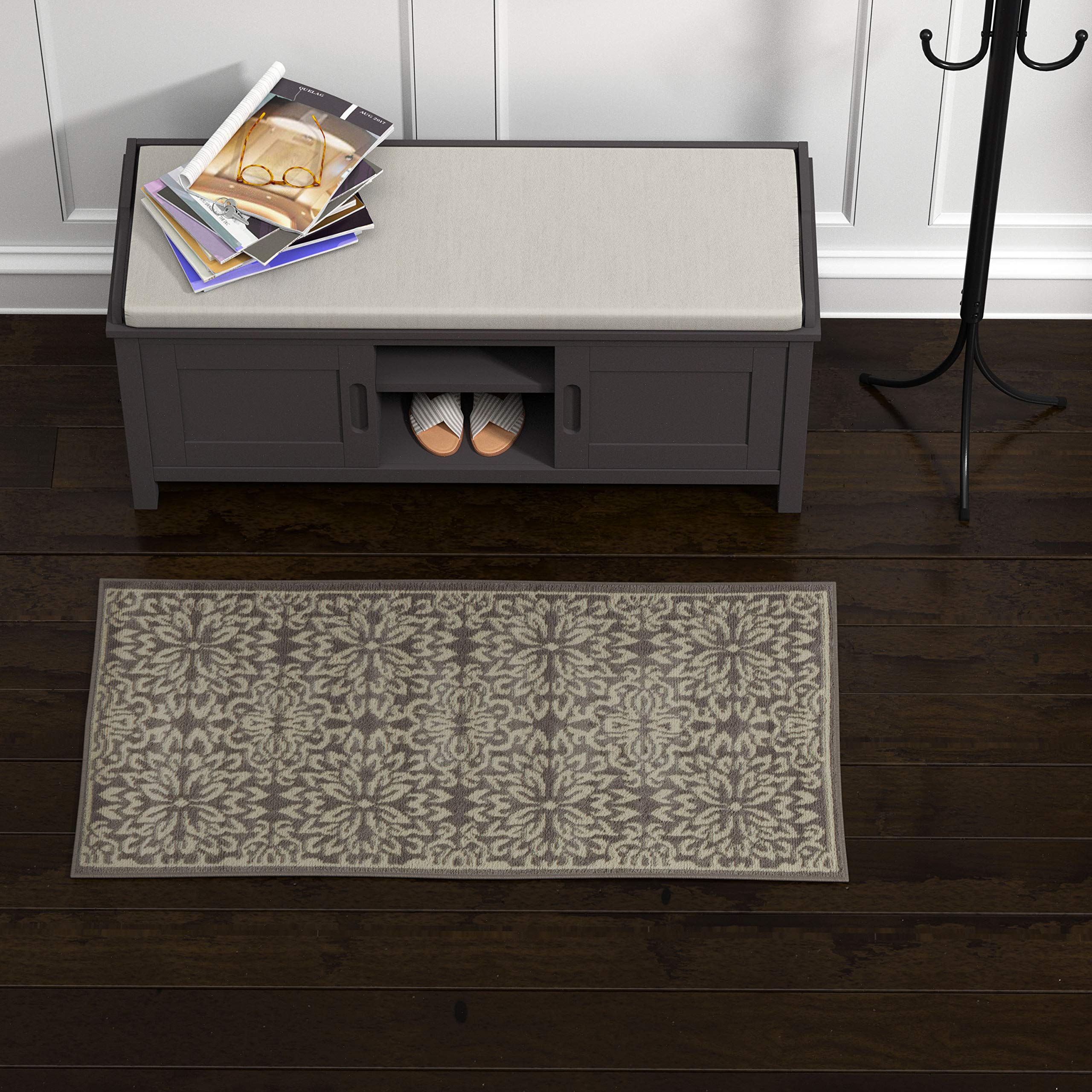 Ravenna Home Floral Medallion Tiled Rug, 2' x 4', Warm Grey with Ivory