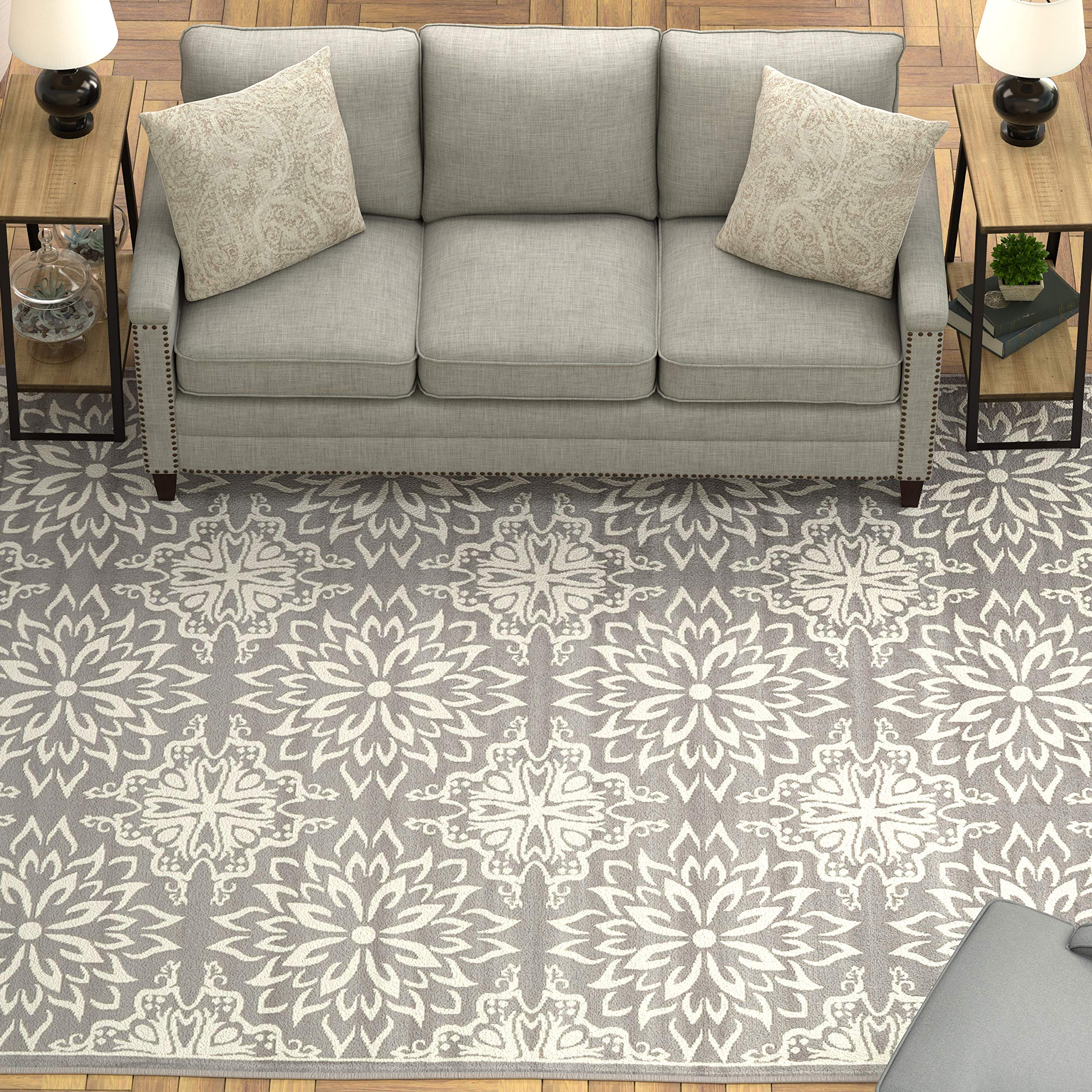 Ravenna Home Floral Medallion Tiled Rug, 7'10" x 9'10", Warm Grey with Ivory