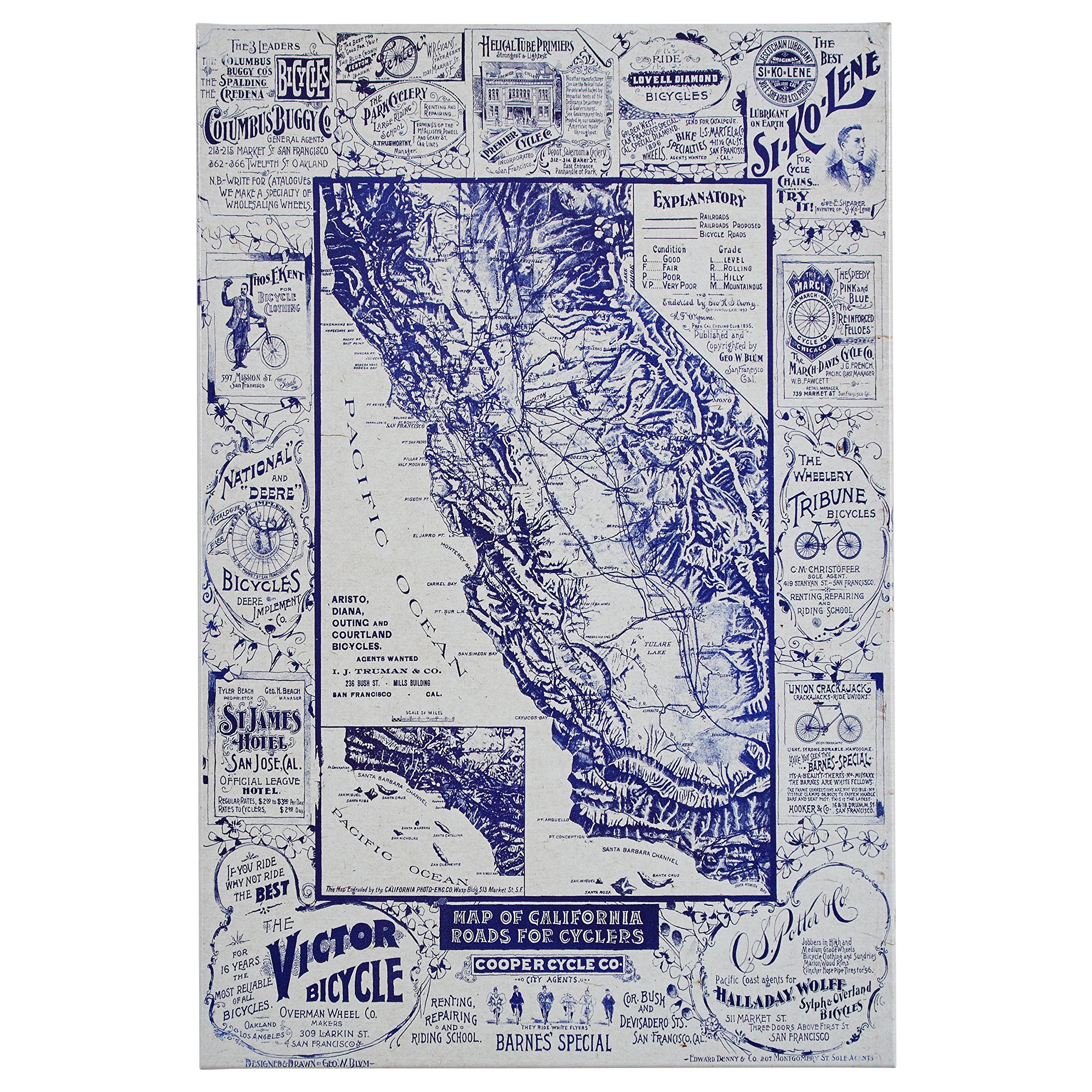 Amazon Brand – Rivet Blue 1898 Map of California Roads for Cyclers Canvas Print Wall Art, 20" x 30"