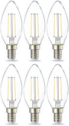 AmazonBasics LED E14 Small Edison Screw Candle Bulb, 2.1W (Equivalent to 25W), Clear Filament- Pack of 6