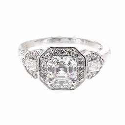 [Amazon Collection] Amazon Collection Rhodium Plated Sterling Silver Clear Ascar Cut Cubic Zirconia Halo Ring Size 9