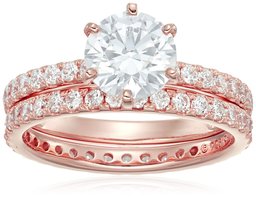 Rose-Gold Plated Sterling Silver Round Ring Set made with Swarovski Zirconia (1 Carat Center Stone), Size 8