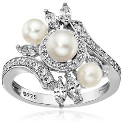 Platinum-Plated Sterling Silver Cubic Zirconia Bypass Freshwater Cultured Pearl Ring, Size 9