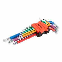 AmazonBasics 9-Piece Long Arm Ball End Hex Key Wrench Set - 1/16" - 3/8", Color and Chrome Finish