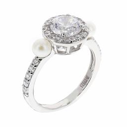 [Find] Amazon Collection Rhodium Plated suta-ringusiruba-kuriakyu-bikkuzirukonia & White Culture Freshwater Pearl Ring, Size 9
