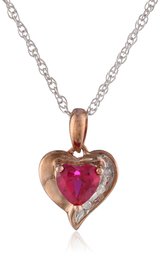 Rose Plated Sterling Silver Heart Created-Ruby Diamond Pendant Necklace (0.01 cttw, I-J Color, I2-I3 Clarity), 18"