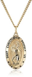 14k Gold-Filled Oval Saint Christopher Pendant Necklace with Black Lettering and Gold Plated Stainless Steel Chain, 20"