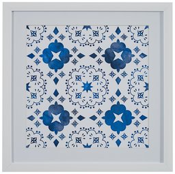 Amazon Brand – Stone & Beam Boho Blue and White Print Wall Art, White Frame, 14" x 14"