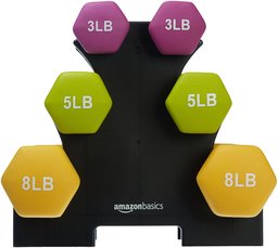 AmazonBasics Neoprene Workout Dumbbell Hand Weights, 32 Pounds Total, Purple/Green/Yellow - 3 Pairs (3-Lb, 5-Lb, 8-Lb) & Weight Rack