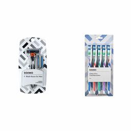 Solimo 5-Blade MotionSphere Razor for Men with Dual Lubrication and Precision Beard Trimmer, Handle & 2 Cartridges & Amazon Brand - Solimo Clean Plus Toothbrushes, 10 Count