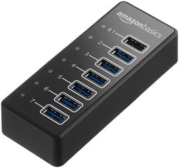 AmazonBasics USB-A 3.1 7-Port Hub with Power Adapter - 36W (12V/3A), Black