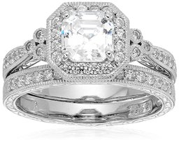 Platinum-Plated Sterling Silver Antique Ring set with Asscher-Cut Swarovski Zirconia, Size 9