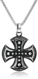 Men's Stainless Steel Cross Pendant with Black with Round Box Chain Pendant Necklace, 24"