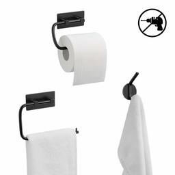 UMI. by Amazon Stainless Steel Toilet Roll Holder Wall Mounted Self Adhesive Towel Rings with 1 Hooks, 3 Pieces Bathroom Accessory Set for Kitchen Bathroom, Black