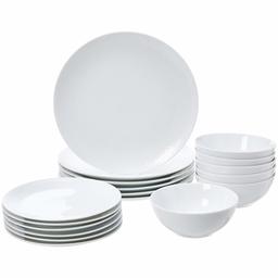 AmazonBasics 18-Piece Kitchen Dinnerware Set, Dishes, Bowls, Service for 6, White Porcelain with Trim