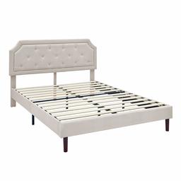 AmazonBasics Faux-Linen Button Tufted-Upholstered Bed with Curve Design - Strong Wood Slat Support - Easy Assembly - Beige, Queen