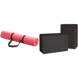 AmazonBasics 1/4-Inch Yoga Mat with Carrying Strap (Pink) and Yoga Blocks (Set of 2) Bundle