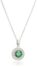 Platinum-Plated Sterling Silver Swarovski Zirconia Green Round-Cut Halo Pendant Necklace, 16"