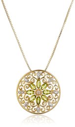 18k Yellow Gold Plated Sterling Silver Genuine Peridot and Diamond Accent Filigree Mandala Pendant Necklace, 18"